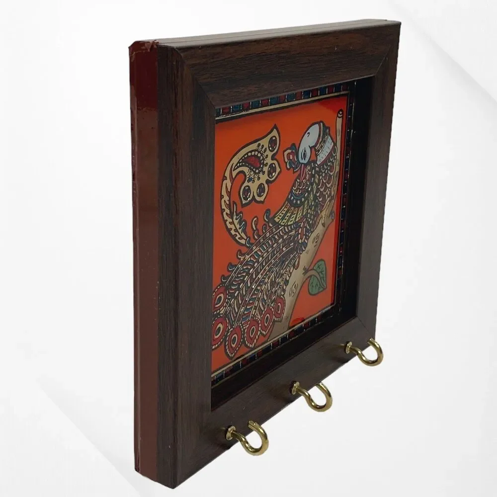 Peacock Glass Painting Art 3 Hook Key Holder Tanjore Style GRT India Bird Small